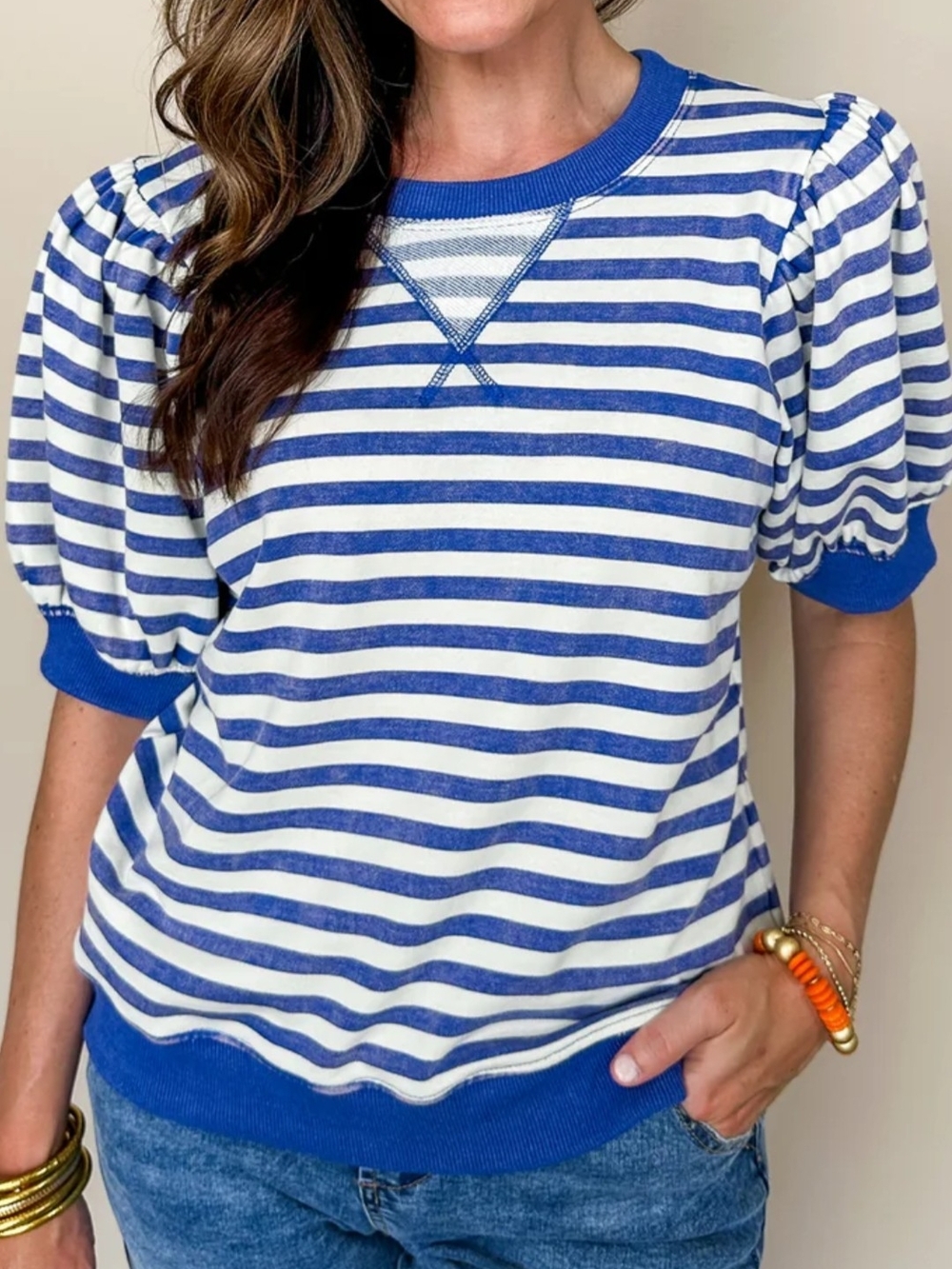 Jodifl Blue & White Striped Puff Sleeve Cotton Blend Top Women's Small